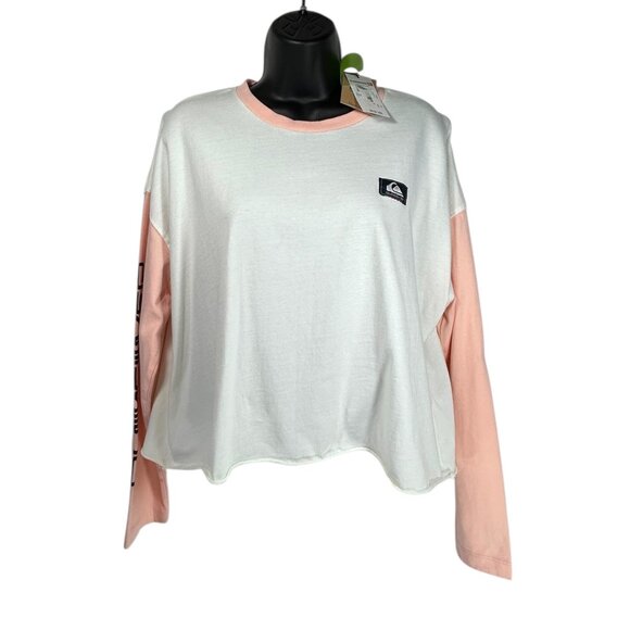 QUIKSILVER Cold Waves Crop Tee Sz  S White Pink Colorblock Logo Organic Cotton - Picture 2 of 16